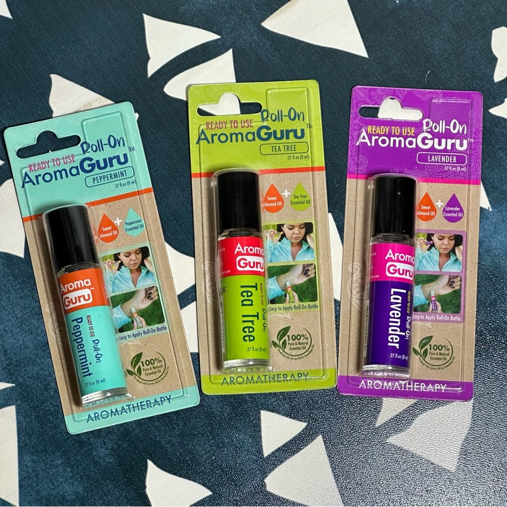 NEW AROMA GURU 3 Roll on Tea Tree Oil Lavender Peppermint Essential Oil